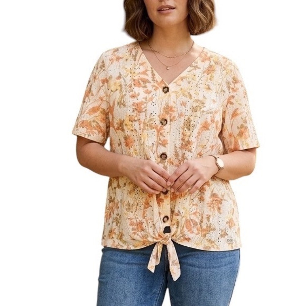 Cato‎ Womens Floral Eyelet Button Front Tie Hem Blouse Cottagecore Boho Large